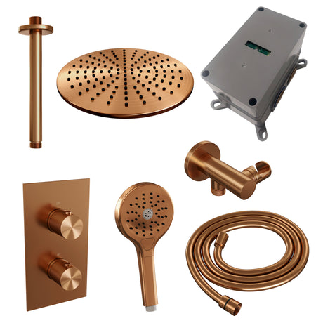 BRAUER Copper Carving thermostatische inbouw regendouche 3-weg omstelling SET 36 met 30 cm douchekop en plafondarm en 3-standen handdouche en doucheslang en wandaansluitbocht koper geborsteld PVD 5-GK-132