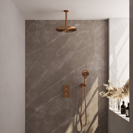 BRAUER Copper Carving thermostatische inbouw regendouche 3-weg omstelling SET 36 met 30 cm douchekop en plafondarm en 3-standen handdouche en doucheslang en wandaansluitbocht koper geborsteld PVD 5-GK-132