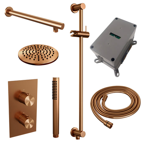 BRAUER Copper Carving thermostatische inbouw regendouche 3-weg omstelling SET 37 met 20 cm douchekop en rechte muurarm en staaf handdouche en doucheslang en geÃ¯ntegreerde glijstang koper geborsteld PVD 5-GK-133