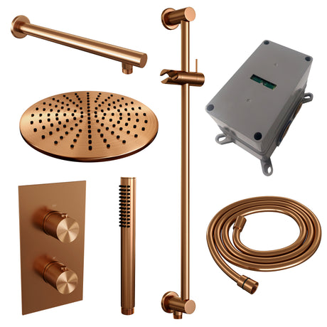 BRAUER Copper Carving thermostatische inbouw regendouche 3-weg omstelling SET 38 met 30 cm douchekop en rechte muurarm en staaf handdouche en doucheslang en geÃ¯ntegreerde glijstang koper geborsteld PVD 5-GK-134