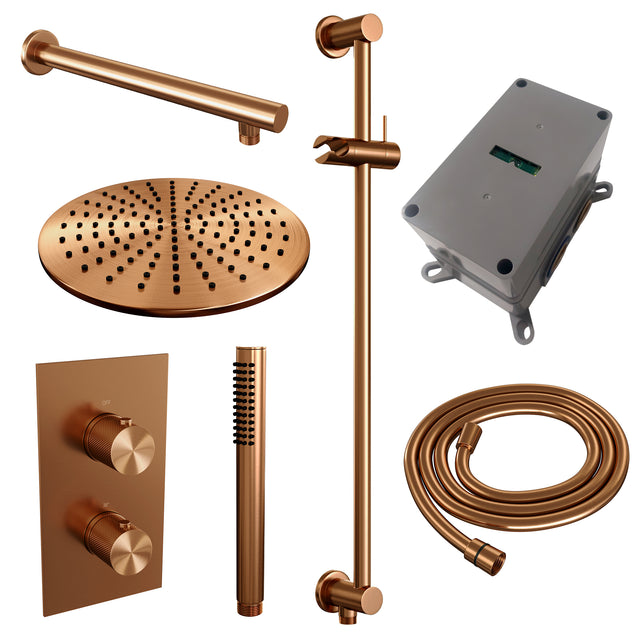 BRAUER Copper Carving thermostatische inbouw regendouche 3-weg omstelling SET 38 met 30 cm douchekop en rechte muurarm en staaf handdouche en doucheslang en geÃ¯ntegreerde glijstang koper geborsteld PVD 5-GK-134