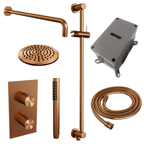 BRAUER Copper Carving thermostatische inbouw regendouche 3-weg omstelling SET 39 met 20 cm douchekop en gebogen muurarm en staaf handdouche en doucheslang en geÃ¯ntegreerde glijstang koper geborsteld PVD 5-GK-135