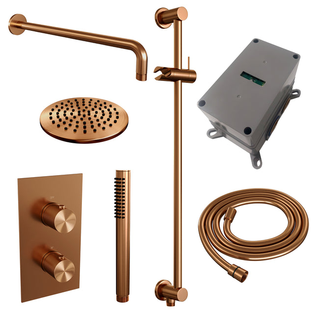 BRAUER Copper Carving thermostatische inbouw regendouche 3-weg omstelling SET 39 met 20 cm douchekop en gebogen muurarm en staaf handdouche en doucheslang en geÃ¯ntegreerde glijstang koper geborsteld PVD 5-GK-135