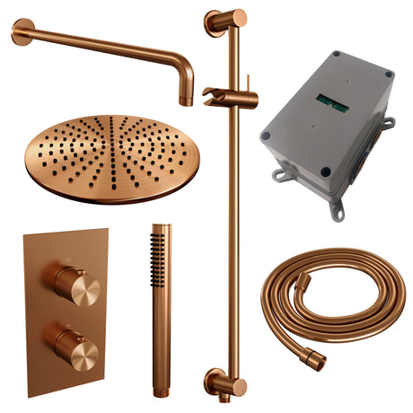 BRAUER Copper Carving thermostatische inbouw regendouche 3-weg omstelling SET 40 met 30 cm douchekop en gebogen muurarm en staaf handdouche en doucheslang en geÃ¯ntegreerde glijstang koper geborsteld PVD 5-GK-136