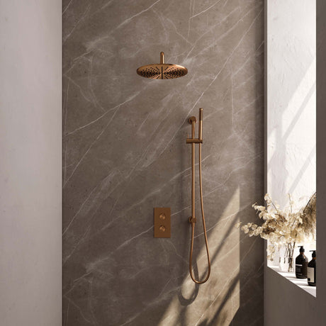 BRAUER Copper Carving thermostatische inbouw regendouche 3-weg omstelling SET 40 met 30 cm douchekop en gebogen muurarm en staaf handdouche en doucheslang en geÃ¯ntegreerde glijstang koper geborsteld PVD 5-GK-136