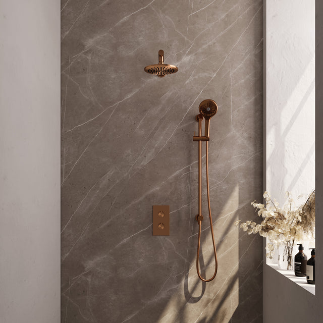 BRAUER Copper Carving thermostatische inbouw regendouche 3-weg omstelling SET 43 met 20 cm douchekop en rechte muurarm en 3-standen handdouche en doucheslang en geÃ¯ntegreerde glijstang koper geborsteld PVD 5-GK-139
