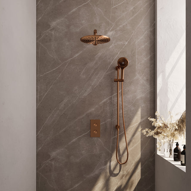 BRAUER Copper Carving thermostatische inbouw regendouche 3-weg omstelling SET 44 met 30 cm douchekop en rechte muurarm en 3-standen handdouche en doucheslang en geÃ¯ntegreerde glijstang koper geborsteld PVD 5-GK-140