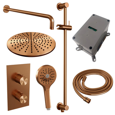 BRAUER Copper Carving thermostatische inbouw regendouche 3-weg omstelling SET 46 met 30 cm douchekop en gebogen muurarm en 3-standen handdouche en doucheslang en geÃ¯ntegreerde glijstang koper geborsteld PVD 5-GK-142