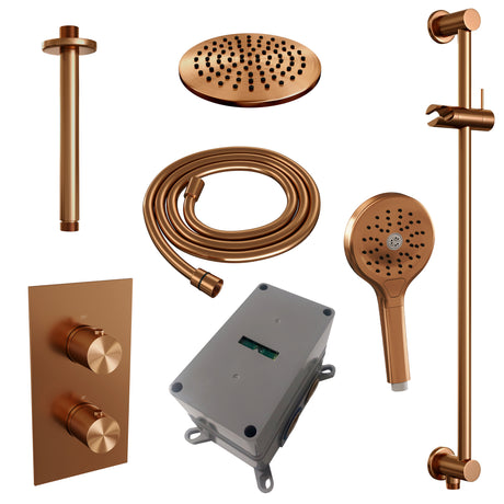 BRAUER Copper Carving thermostatische inbouw regendouche 3-weg omstelling SET 47 met 20 cm douchekop en plafondarm en 3-standen handdouche en doucheslang en geÃ¯ntegreerde glijstang koper geborsteld PVD 5-GK-143
