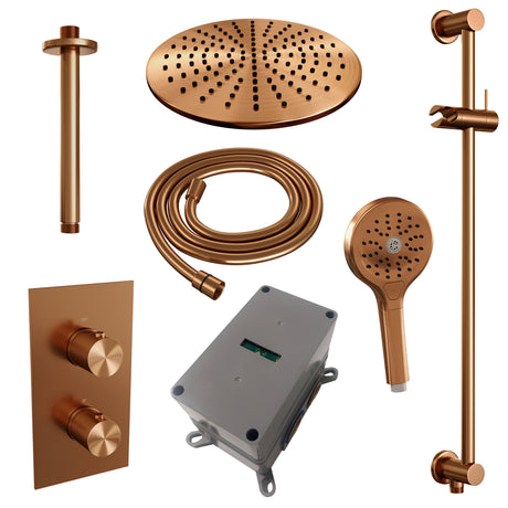 BRAUER Copper Carving thermostatische inbouw regendouche 3-weg omstelling SET 48 met 30 cm douchekop en plafondarm en 3-standen handdouche en doucheslang en geÃ¯ntegreerde glijstang koper geborsteld PVD 5-GK-144