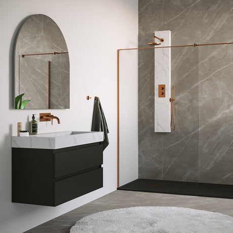 BRAUER Copper Edition thermostatisch douchepaneel 2-weg omstelling calacatta gold SET 01 met 20 cm douchekop en gebogen muurarm en staaf handdouche en wandaansluitbocht en doucheslang koper geborsteld PVD