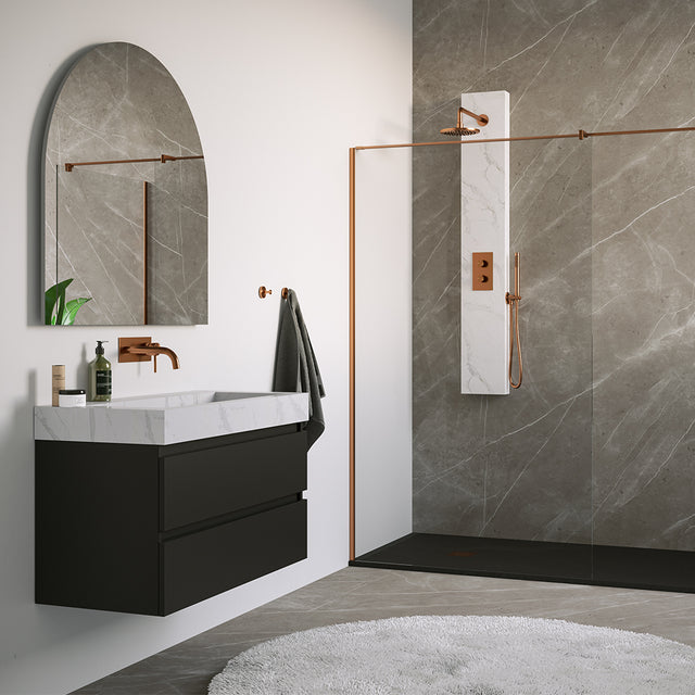 BRAUER Copper Edition thermostatisch douchepaneel 2-weg omstelling calacatta gold SET 01 met 20 cm douchekop en gebogen muurarm en staaf handdouche en wandaansluitbocht en doucheslang koper geborsteld PVD