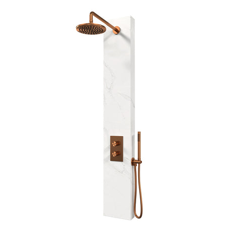 BRAUER Copper Edition thermostatisch douchepaneel 2-weg omstelling calacatta gold SET 01 met 20 cm douchekop en gebogen muurarm en staaf handdouche en wandaansluitbocht en doucheslang koper geborsteld PVD
