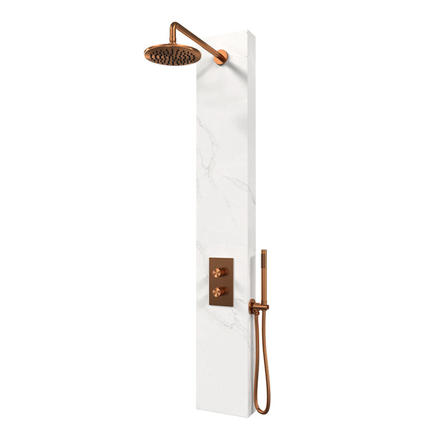 BRAUER Copper Edition thermostatisch douchepaneel 2-weg omstelling calacatta gold SET 01 met 20 cm douchekop en gebogen muurarm en staaf handdouche en wandaansluitbocht en doucheslang koper geborsteld PVD