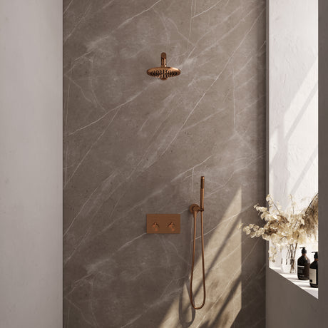BRAUER Copper Edition thermostatische inbouw regendouche met drukknoppen SET 49 met 20 cm douchekop en rechte muurarm en staaf handdouche en doucheslang en wandaansluitbocht koper geborsteld PVD
