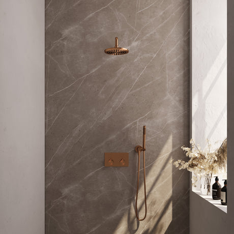 BRAUER Copper Edition thermostatische inbouw regendouche met drukknoppen SET 51 met 20 cm douchekop en gebogen muurarm en staaf handdouche en doucheslang en wandaansluitbocht koper geborsteld PVD