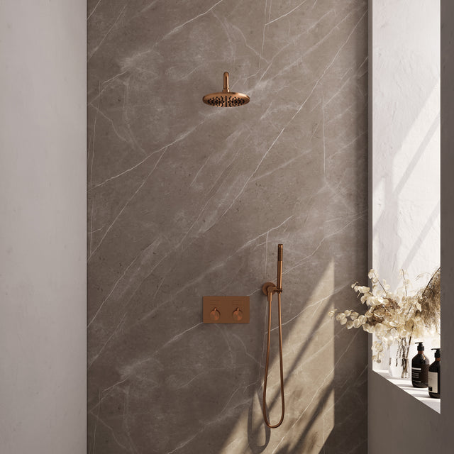 BRAUER Copper Edition thermostatische inbouw regendouche met drukknoppen SET 51 met 20 cm douchekop en gebogen muurarm en staaf handdouche en doucheslang en wandaansluitbocht koper geborsteld PVD
