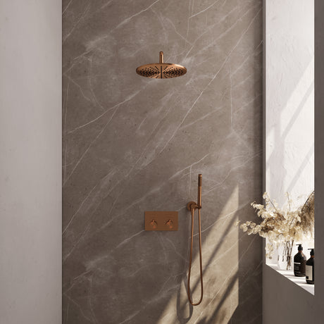 BRAUER Copper Edition thermostatische inbouw regendouche met drukknoppen SET 52 met 30 cm douchekop en gebogen muurarm en staaf handdouche en doucheslang en wandaansluitbocht koper geborsteld PVD