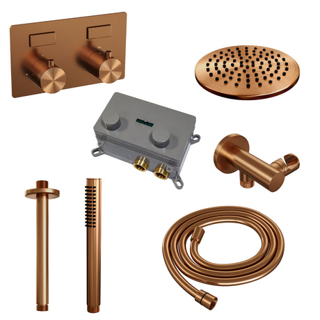 BRAUER Copper Edition thermostatische inbouw regendouche met drukknoppen SET 53 met 20 cm douchekop en plafondarm en staaf handdouche en doucheslang en wandaansluitbocht koper geborsteld PVD