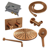 BRAUER Copper Edition thermostatische inbouw regendouche met drukknoppen SET 58 met 30 cm douchekop en gebogen muurarm en 3-standen handdouche en doucheslang en wandaansluitbocht koper geborsteld PVD