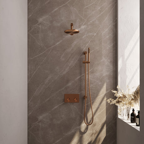BRAUER Copper Edition thermostatische inbouw regendouche met drukknoppen SET 61 met 20 cm douchekop en rechte muurarm en staaf handdouche en doucheslang en geïntegreerde glijstang koper geborsteld PVD