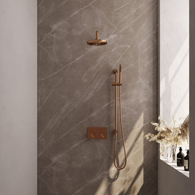 BRAUER Copper Edition thermostatische inbouw regendouche met drukknoppen SET 63 met 20 cm douchekop en gebogen muurarm en staaf handdouche en doucheslang en geïntegreerde glijstang koper geborsteld PVD