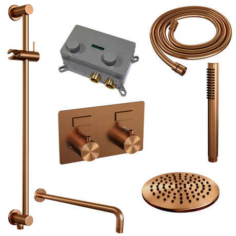 BRAUER Copper Edition thermostatische inbouw regendouche met drukknoppen SET 63 met 20 cm douchekop en gebogen muurarm en staaf handdouche en doucheslang en geïntegreerde glijstang koper geborsteld PVD
