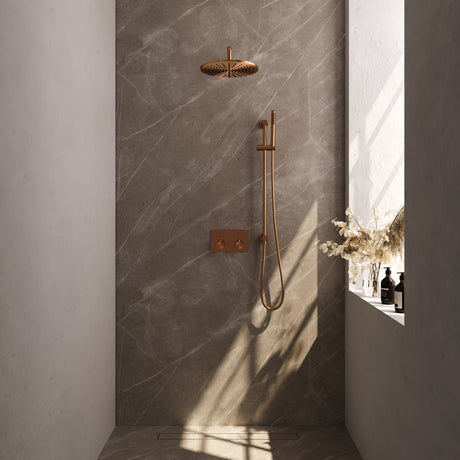 BRAUER Copper Edition thermostatische inbouw regendouche met drukknoppen SET 64 met 30 cm douchekop en gebogen muurarm en staaf handdouche en doucheslang en geïntegreerde glijstang koper geborsteld PVD