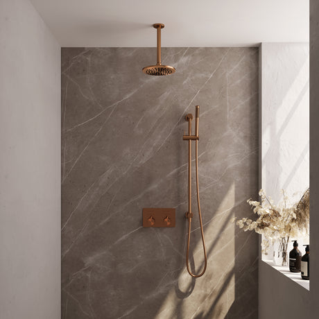 BRAUER Copper Edition thermostatische inbouw regendouche met drukknoppen SET 65 met 20 cm douchekop en plafondarm en staaf handdouche en doucheslang en geïntegreerde glijstang koper geborsteld PVD
