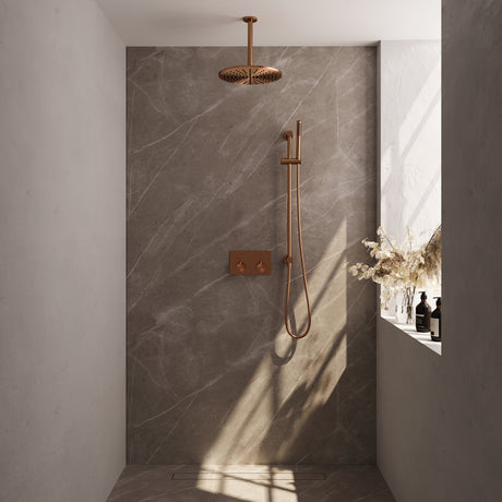 BRAUER Copper Edition thermostatische inbouw regendouche met drukknoppen SET 66 met 30 cm douchekop en plafondarm en staaf handdouche en doucheslang en geïntegreerde glijstang koper geborsteld PVD