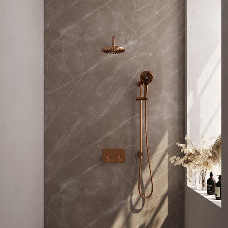 BRAUER Copper Edition thermostatische inbouw regendouche met drukknoppen SET 69 met 20 cm douchekop en gebogen muurarm en 3-standen handdouche en doucheslang en geïntegreerde glijstang koper geborsteld PVD