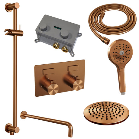 BRAUER Copper Edition thermostatische inbouw regendouche met drukknoppen SET 69 met 20 cm douchekop en gebogen muurarm en 3-standen handdouche en doucheslang en geïntegreerde glijstang koper geborsteld PVD