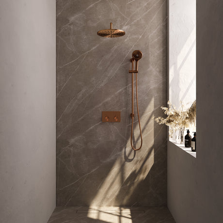 BRAUER Copper Edition thermostatische inbouw regendouche met drukknoppen SET 70 met 30 cm douchekop en gebogen muurarm en 3-standen handdouche en doucheslang en geïntegreerde glijstang koper geborsteld PVD