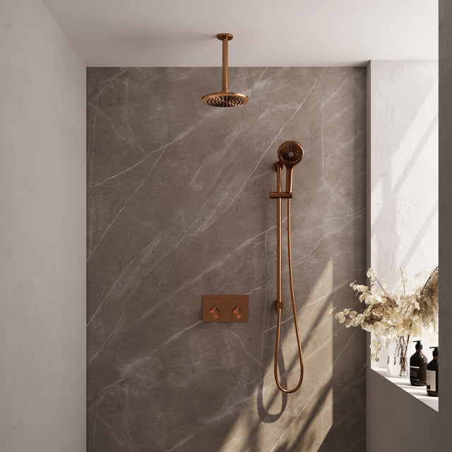 BRAUER Copper Edition thermostatische inbouw regendouche met drukknoppen SET 71 met 20 cm douchekop en plafondarm en 3-standen handdouche en doucheslang en geïntegreerde glijstang koper geborsteld PVD