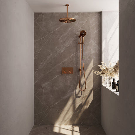 BRAUER Copper Edition thermostatische inbouw regendouche met drukknoppen SET 72 met 30 cm douchekop en plafondarm en 3-standen handdouche en doucheslang en geïntegreerde glijstang koper geborsteld PVD