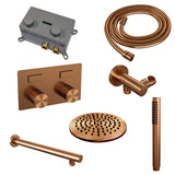 BRAUER Copper Carving thermostatische inbouw regendouche met drukknoppen SET 49 met 20 cm douchekop en rechte muurarm en staaf handdouche en doucheslang en wandaansluitbocht koper geborsteld PVD 5-GK-184