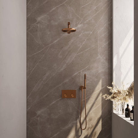 BRAUER Copper Carving thermostatische inbouw regendouche met drukknoppen SET 49 met 20 cm douchekop en rechte muurarm en staaf handdouche en doucheslang en wandaansluitbocht koper geborsteld PVD 5-GK-184