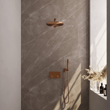 BRAUER Copper Carving thermostatische inbouw regendouche met drukknoppen SET 50 met 30 cm douchekop en rechte muurarm en staaf handdouche en doucheslang en wandaansluitbocht koper geborsteld PVD 5-GK-185