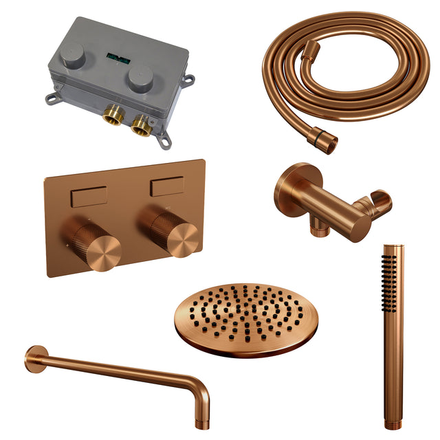 BRAUER Copper Carving thermostatische inbouw regendouche met drukknoppen SET 51 met 20 cm douchekop en gebogen muurarm en staaf handdouche en doucheslang en wandaansluitbocht koper geborsteld PVD 5-GK-186