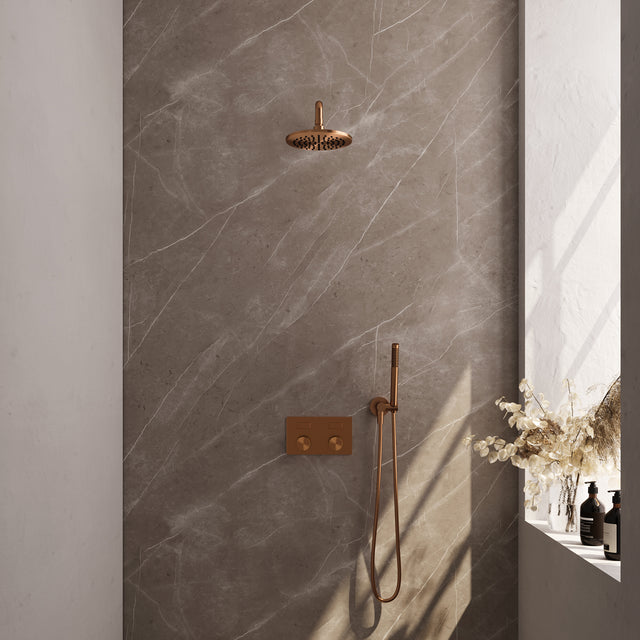 BRAUER Copper Carving thermostatische inbouw regendouche met drukknoppen SET 51 met 20 cm douchekop en gebogen muurarm en staaf handdouche en doucheslang en wandaansluitbocht koper geborsteld PVD 5-GK-186