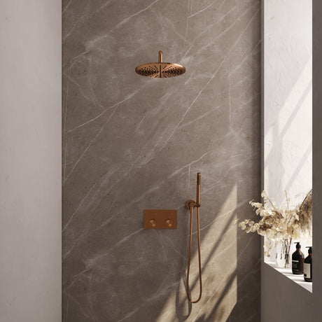 BRAUER Copper Carving thermostatische inbouw regendouche met drukknoppen SET 52 met 30 cm douchekop en gebogen muurarm en staaf handdouche en doucheslang en wandaansluitbocht koper geborsteld PVD 5-GK-187