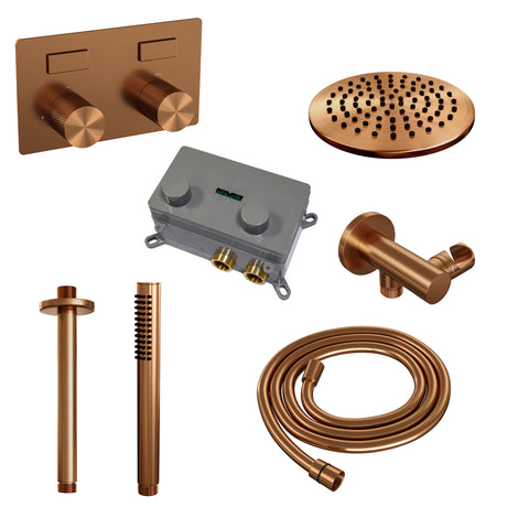BRAUER Copper Carving thermostatische inbouw regendouche met drukknoppen SET 53 met 20 cm douchekop en plafondarm en staaf handdouche en doucheslang en wandaansluitbocht koper geborsteld PVD 5-GK-188