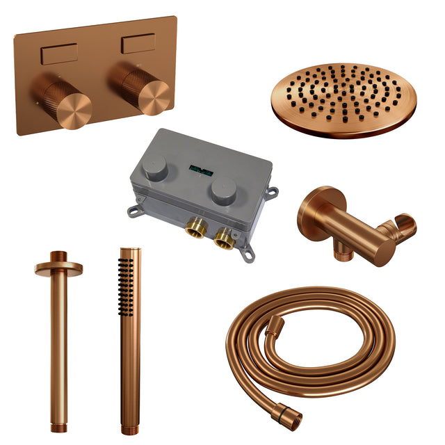 BRAUER Copper Carving thermostatische inbouw regendouche met drukknoppen SET 53 met 20 cm douchekop en plafondarm en staaf handdouche en doucheslang en wandaansluitbocht koper geborsteld PVD 5-GK-188