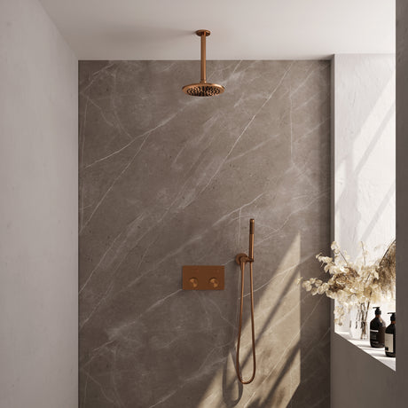 BRAUER Copper Carving thermostatische inbouw regendouche met drukknoppen SET 53 met 20 cm douchekop en plafondarm en staaf handdouche en doucheslang en wandaansluitbocht koper geborsteld PVD 5-GK-188
