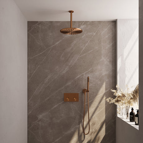 BRAUER Copper Carving thermostatische inbouw regendouche met drukknoppen SET 54 met 30 cm douchekop en plafondarm en staaf handdouche en doucheslang en wandaansluitbocht koper geborsteld PVD 5-GK-189