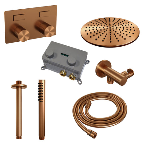 BRAUER Copper Carving thermostatische inbouw regendouche met drukknoppen SET 54 met 30 cm douchekop en plafondarm en staaf handdouche en doucheslang en wandaansluitbocht koper geborsteld PVD 5-GK-189