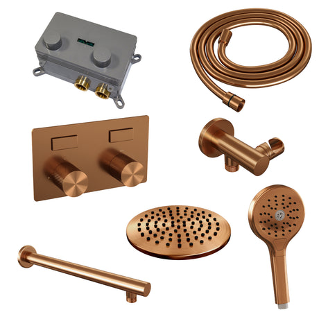 BRAUER Copper Carving thermostatische inbouw regendouche met drukknoppen SET 55 met 20 cm douchekop en rechte muurarm en 3-standen handdouche en doucheslang en wandaansluitbocht koper geborsteld PVD 5-GK-190