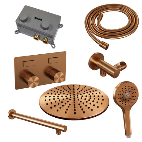 BRAUER Copper Carving thermostatische inbouw regendouche met drukknoppen SET 56 met 30 cm douchekop en rechte muurarm en 3-standen handdouche en doucheslang en wandaansluitbocht koper geborsteld PVD 5-GK-191