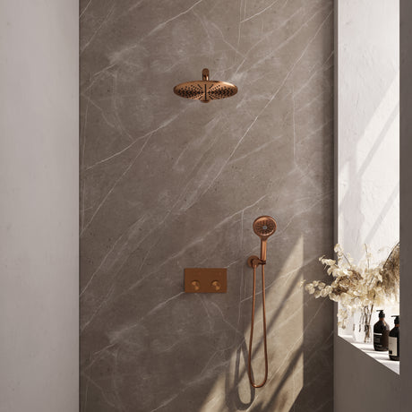 BRAUER Copper Carving thermostatische inbouw regendouche met drukknoppen SET 56 met 30 cm douchekop en rechte muurarm en 3-standen handdouche en doucheslang en wandaansluitbocht koper geborsteld PVD 5-GK-191