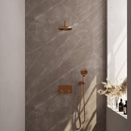 BRAUER Copper Carving thermostatische inbouw regendouche met drukknoppen SET 57 met 20 cm douchekop en gebogen muurarm en 3-standen handdouche en doucheslang en wandaansluitbocht koper geborsteld PVD 5-GK-192